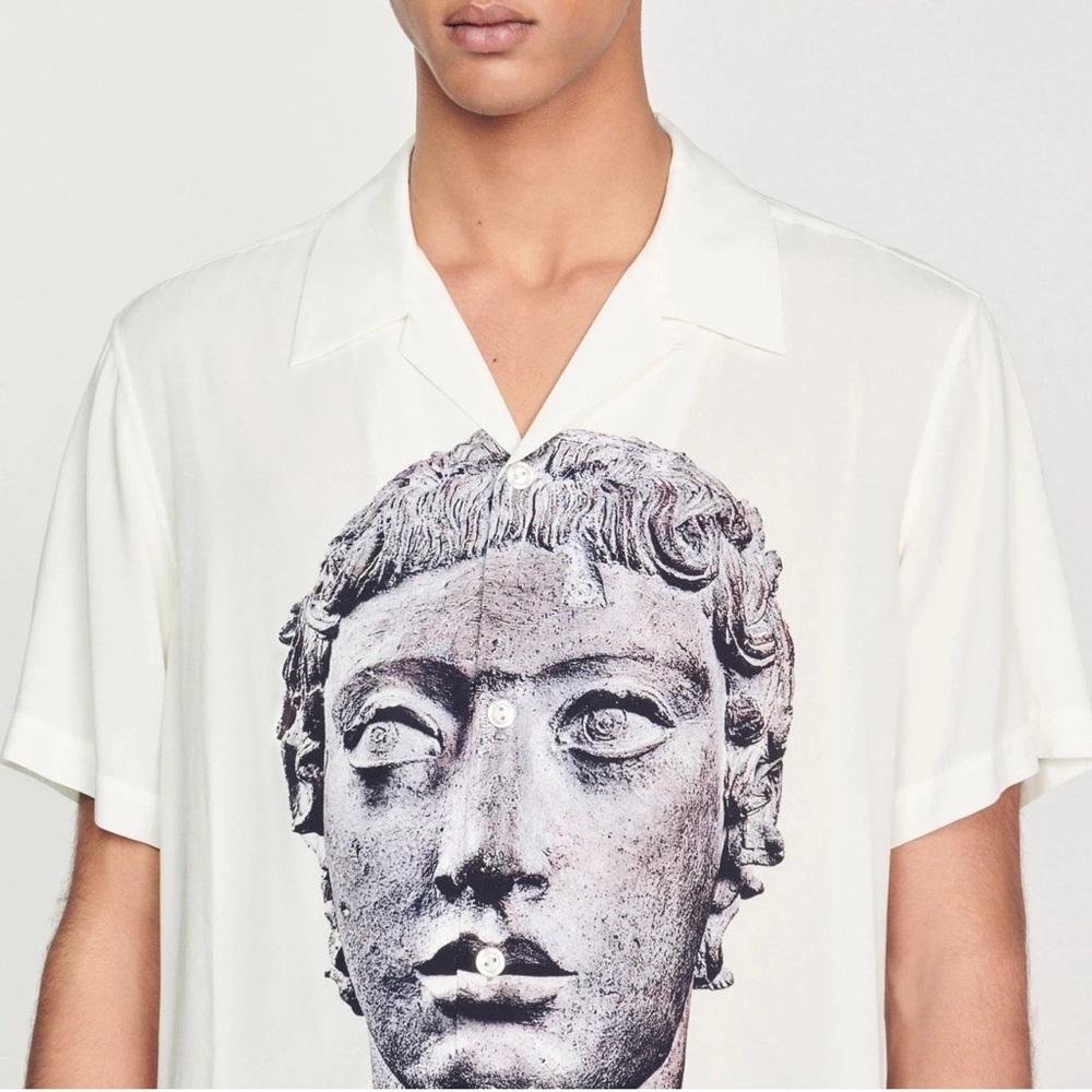 Sandro Paris Greco Roman Statue Print Camp Collar Shirt Men’s Medium - Picture 2 of 3